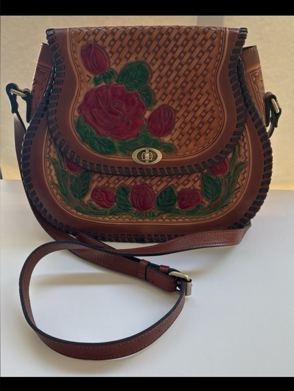 Hand-Tooled Brown Leather Crossbody Bag with Red Rose Detailing